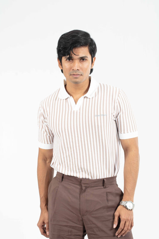 Light Coffee & White Stripe – V-neck Stripe Polo Shirt