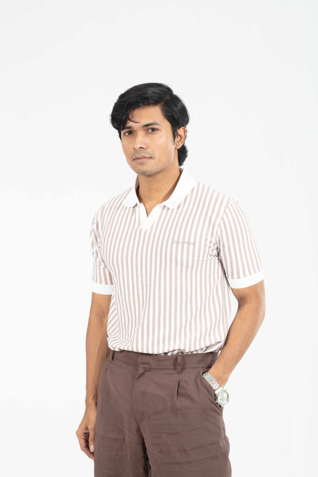 Light Coffee & White Stripe – V-neck Stripe Polo Shirt