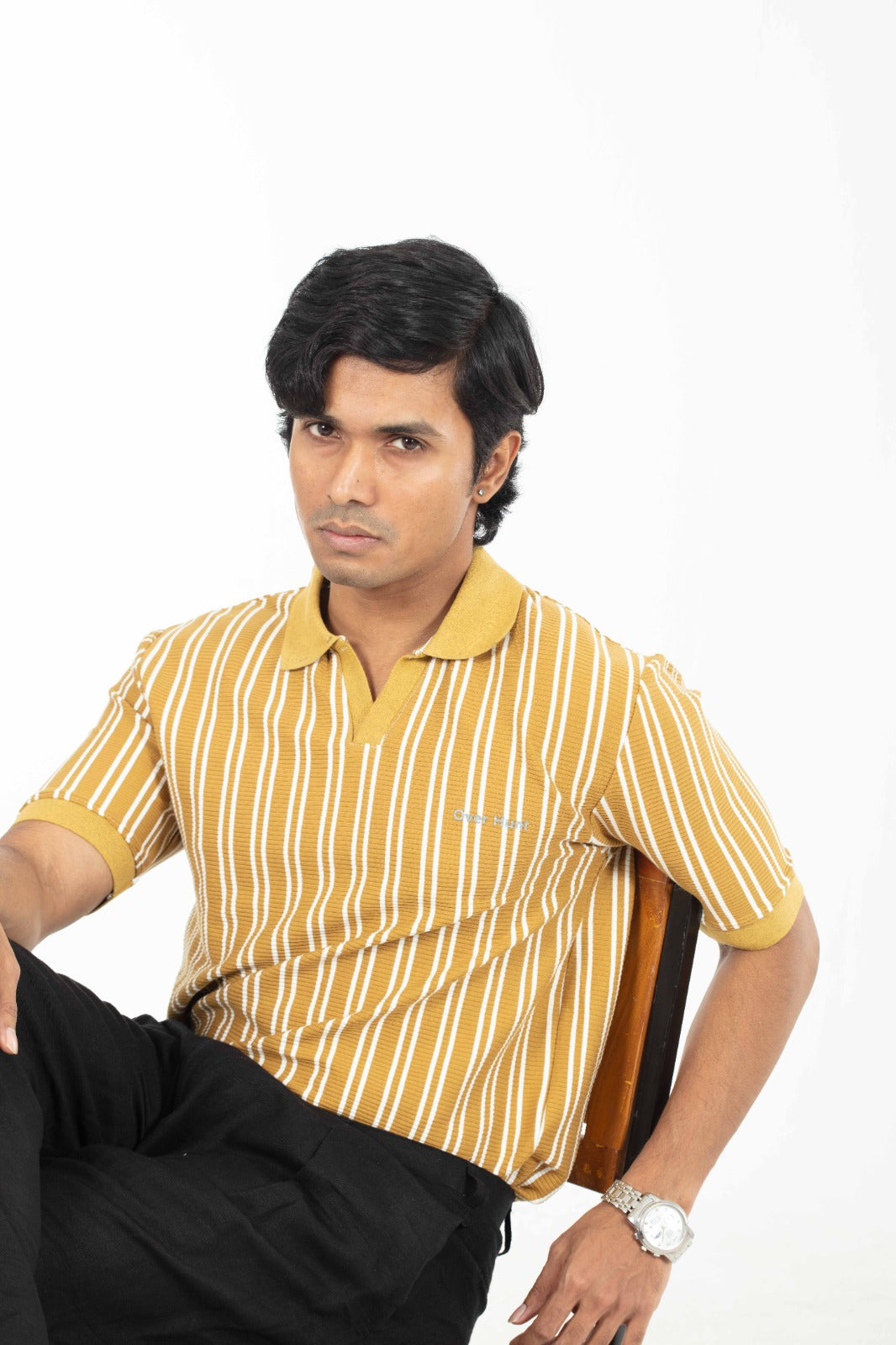 Mustard & White – V-neck Stripe Polo Shirt