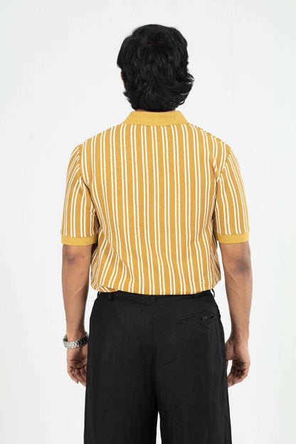 Mustard & White – V-neck Stripe Polo Shirt