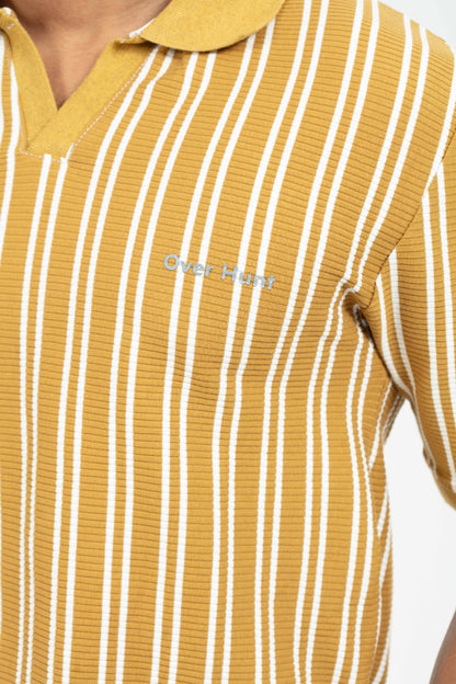 Mustard & White – V-neck Stripe Polo Shirt