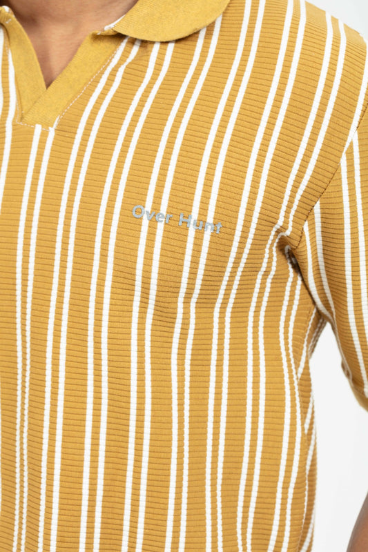 Mustard & White – V-neck Stripe Polo Shirt