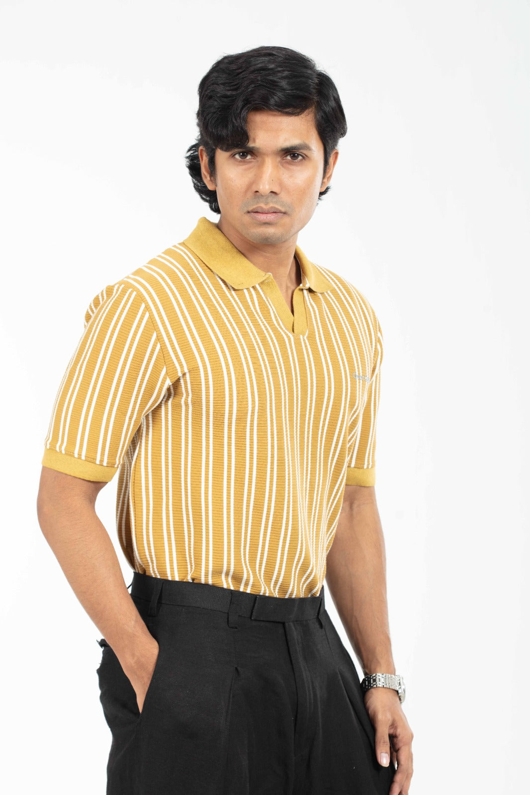 Mustard & White – V-neck Stripe Polo Shirt
