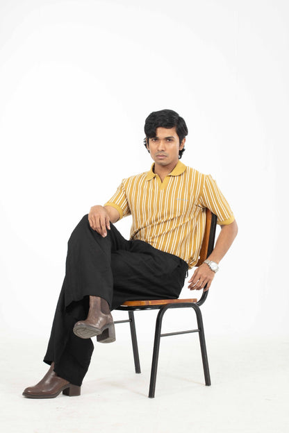 Mustard & White – V-neck Stripe Polo Shirt