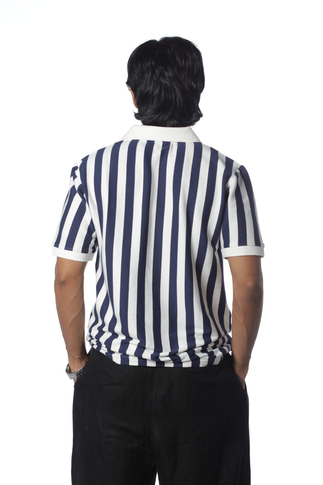 Navy Blue & White – V-neck Stripe Polo Shirt