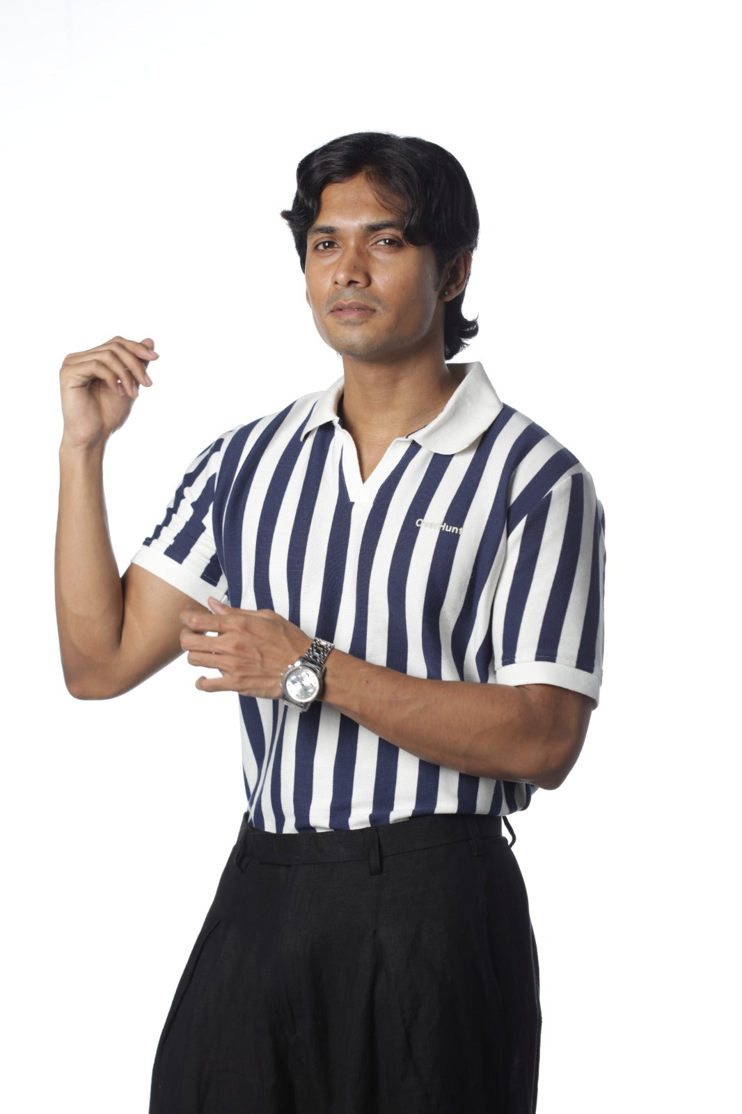 Navy Blue & White – V-neck Stripe Polo Shirt