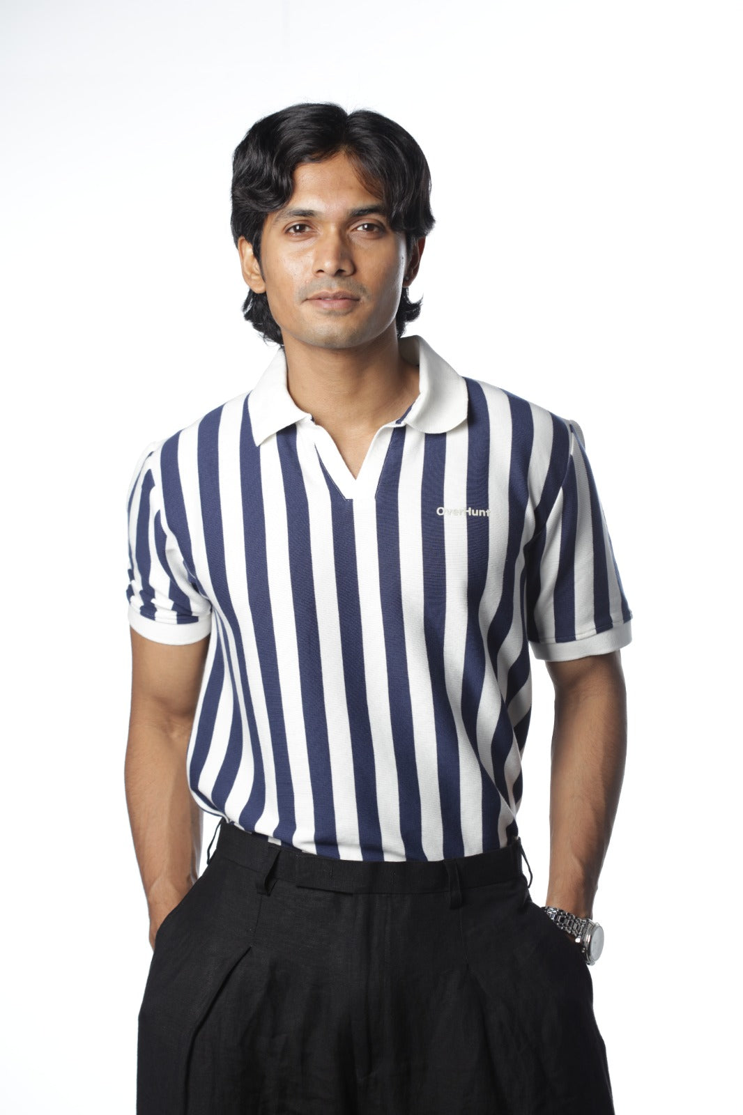 Navy Blue & White – V-neck Stripe Polo Shirt