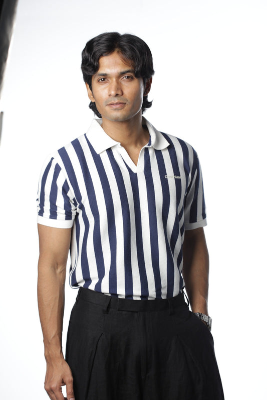 Navy Blue & White – V-neck Stripe Polo Shirt