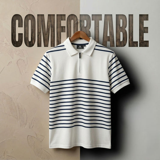 Zipper Polo - Horizontal Cream & Navy