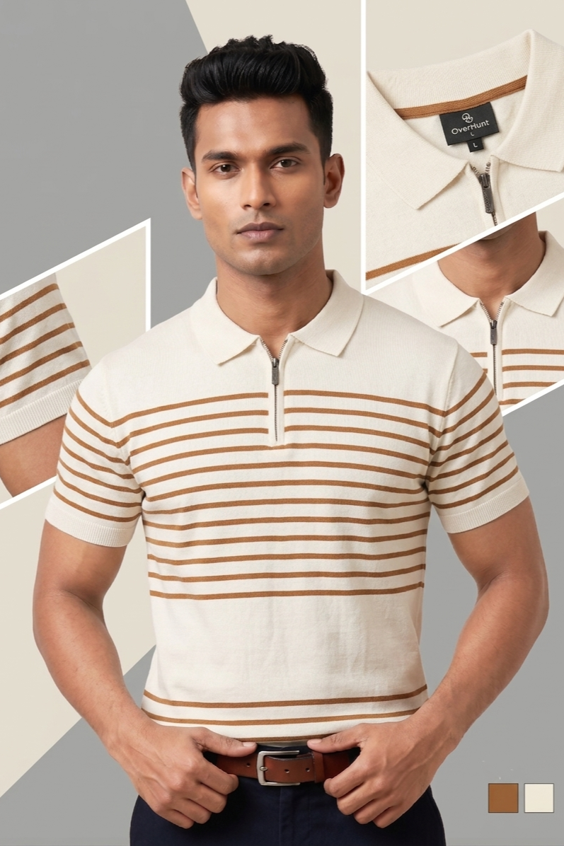 Zipper Polo - Cream & Orange
