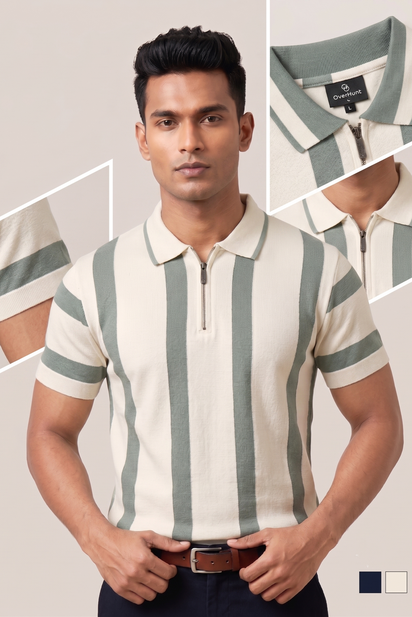 Zipper Polo - Cream & Light Ash