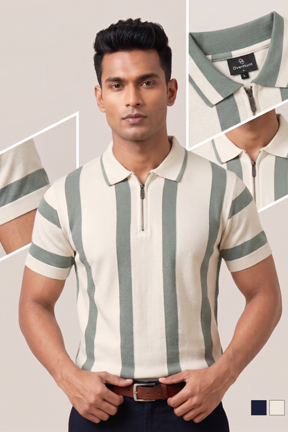 Zipper Polo - Cream & Light Ash