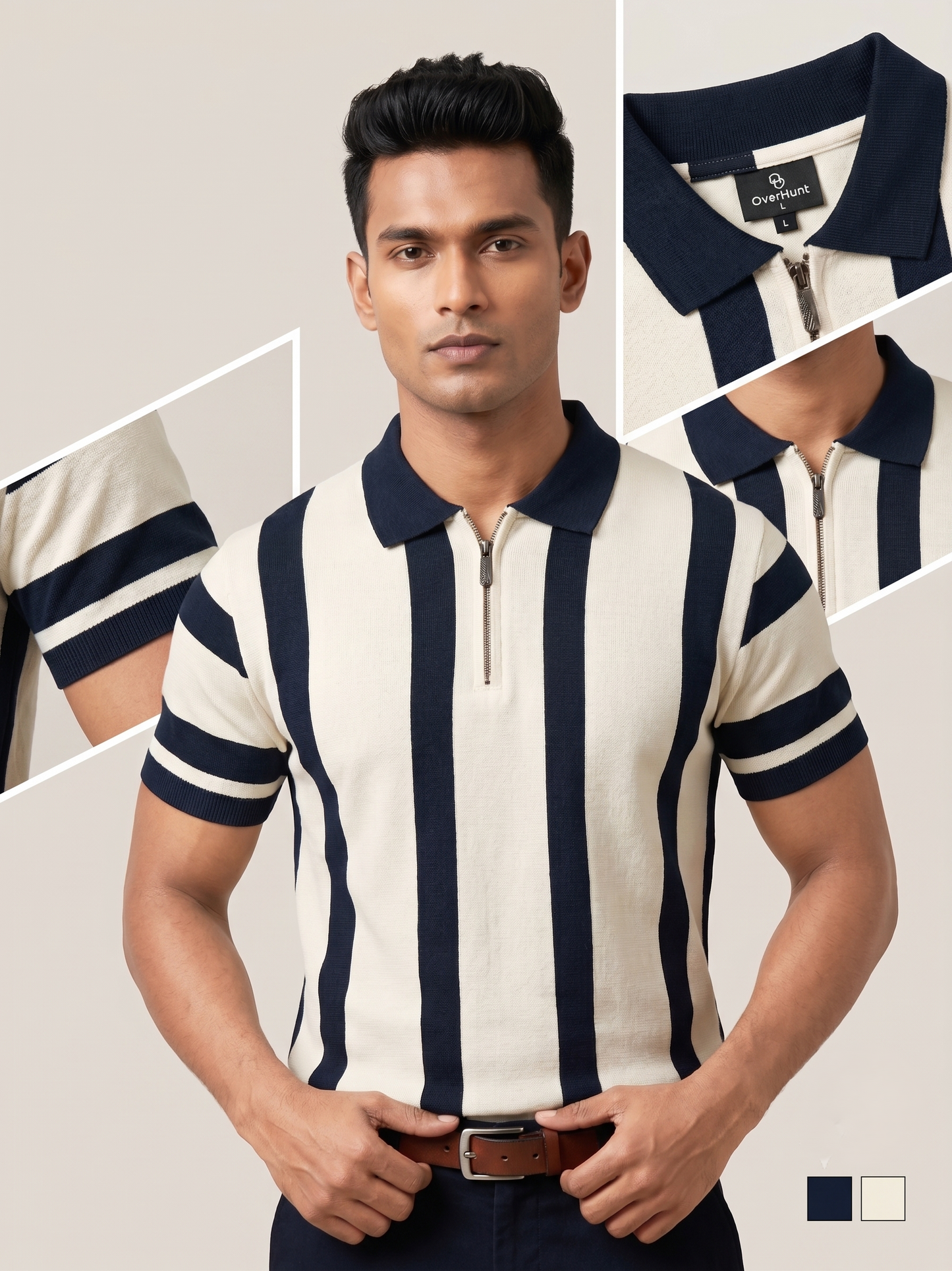 Zipper Polo - Cream & Navy