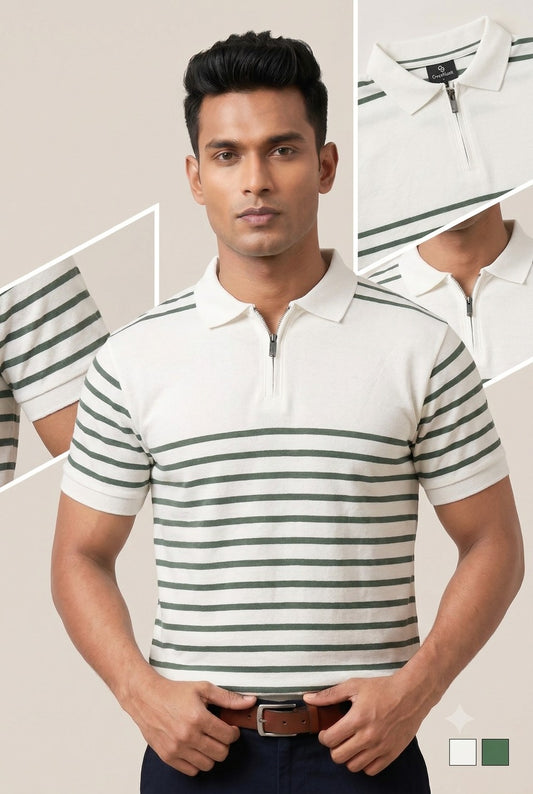 Zipper Polo - Cream & Green