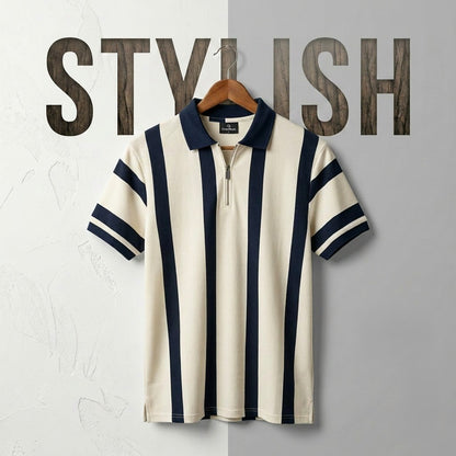 Zipper Polo - Cream & Navy