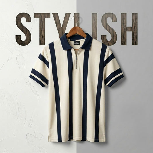 Zipper Polo - Cream & Navy