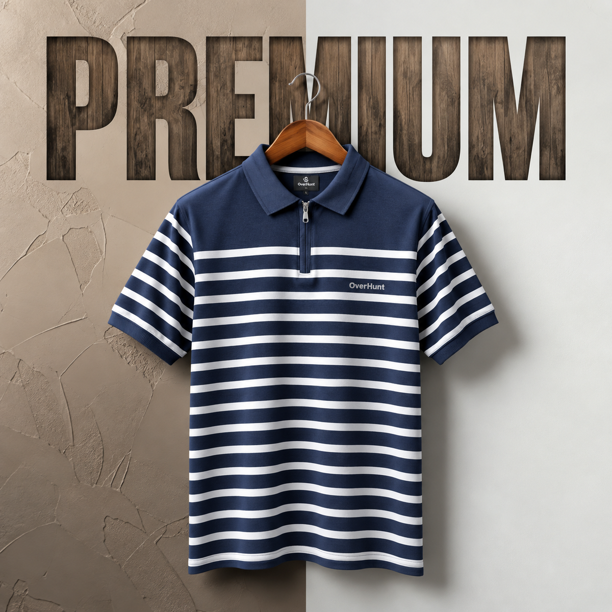 Zipper Polo - White & Navy Blue