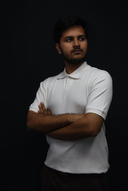 White – V-neck Textured Polo Shirt
