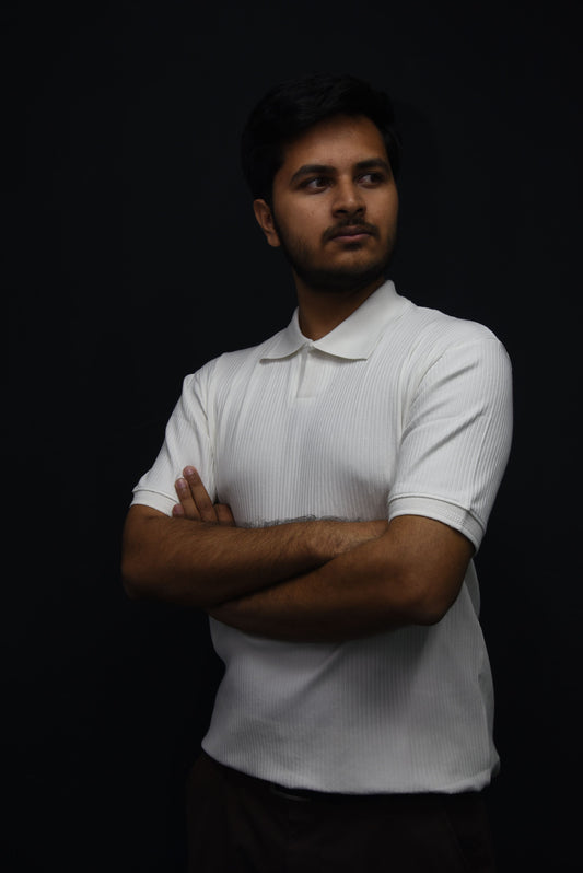 White – V-neck Textured Polo Shirt