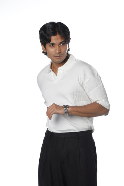 White – V-neck Textured Polo Shirt
