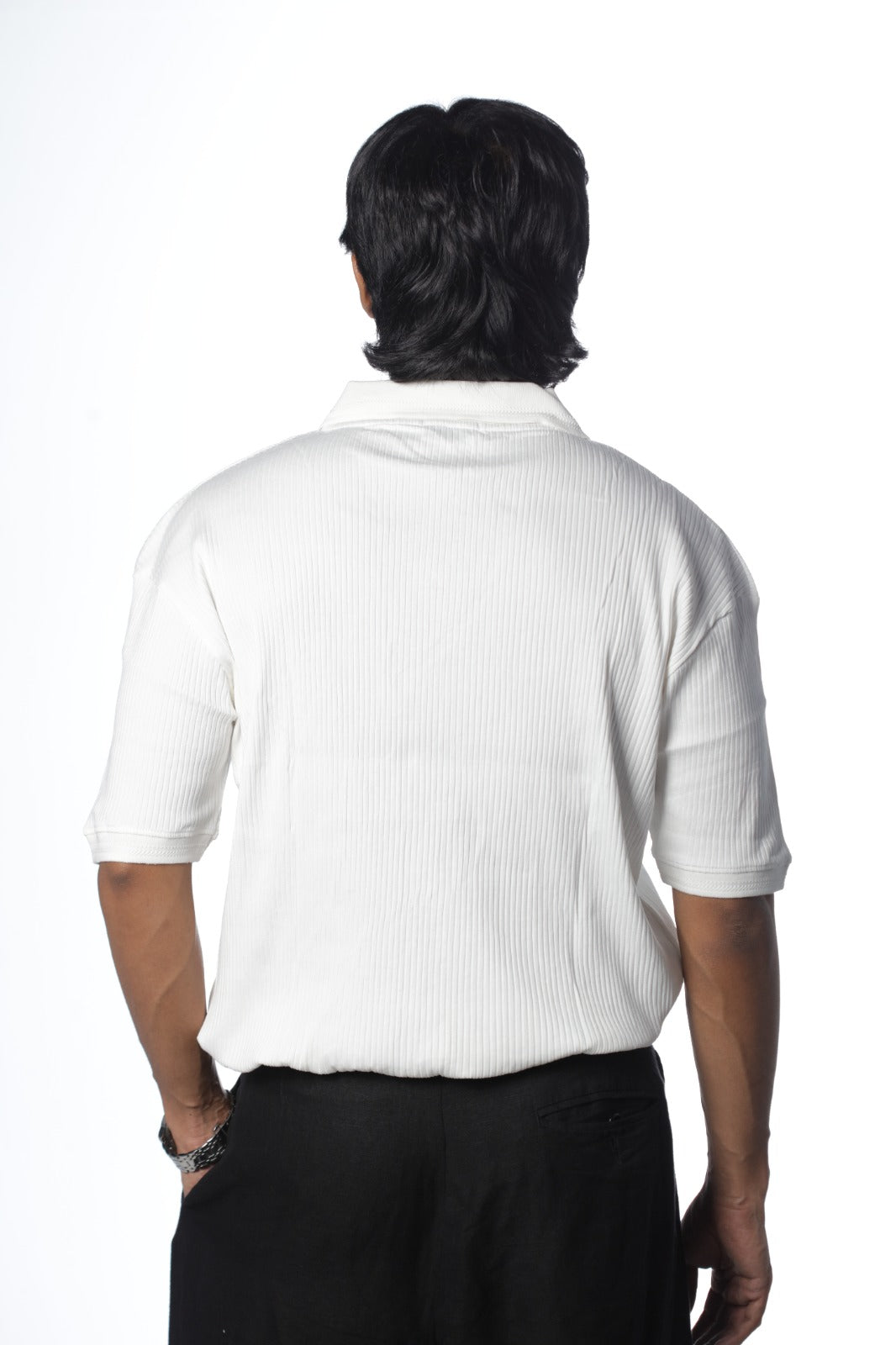 White – V-neck Textured Polo Shirt