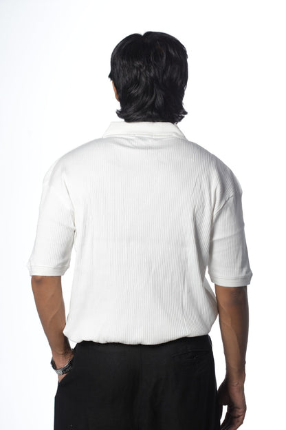 White – V-neck Textured Polo Shirt