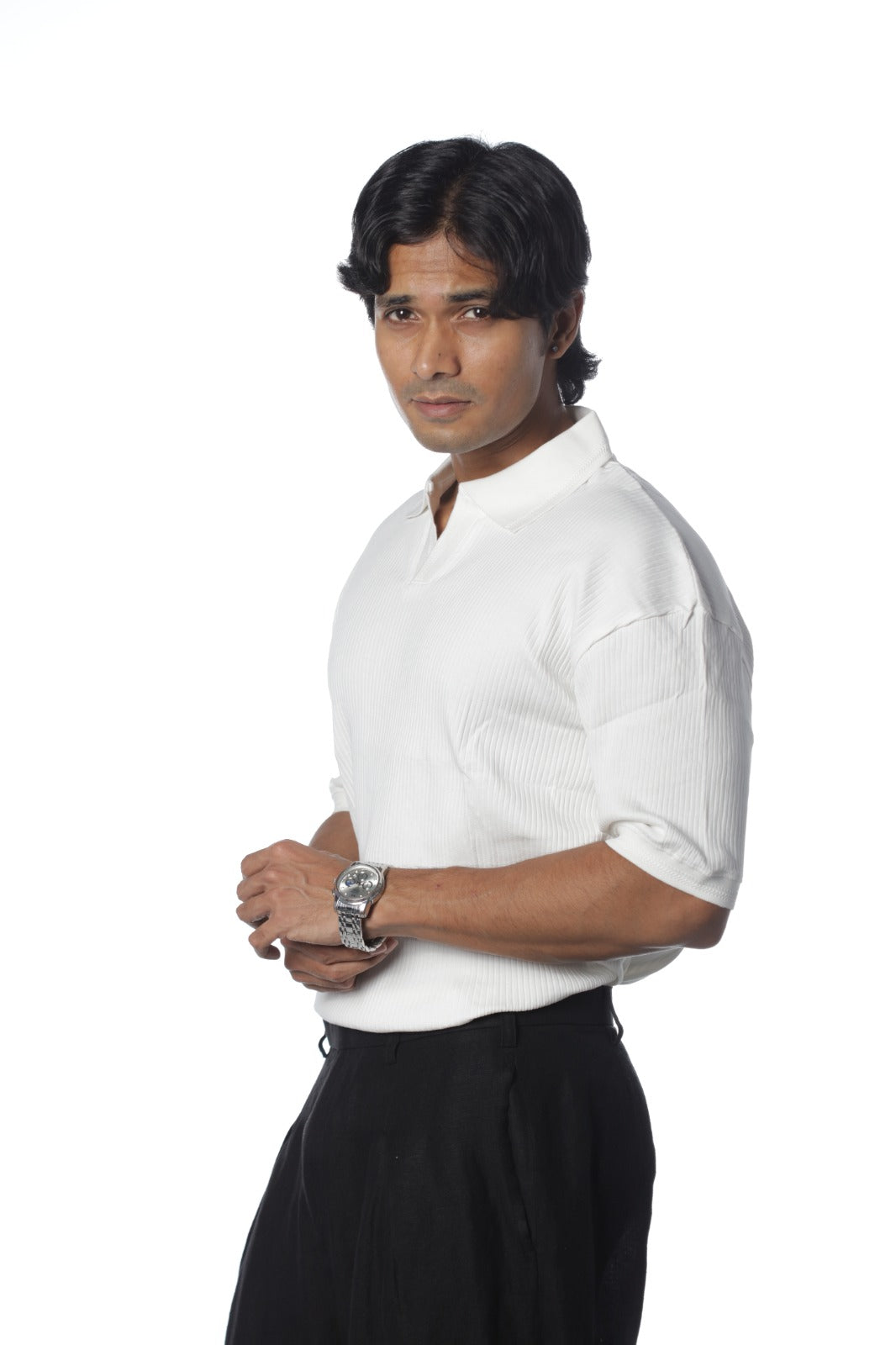 White – V-neck Textured Polo Shirt