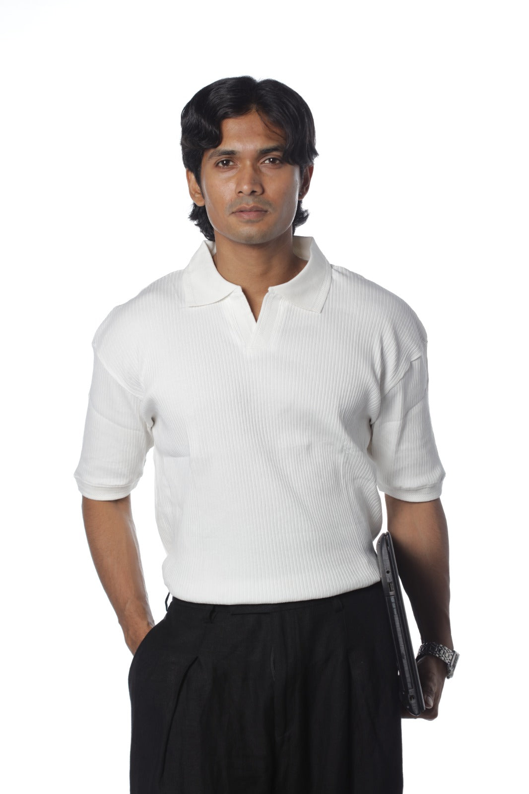 White – V-neck Textured Polo Shirt