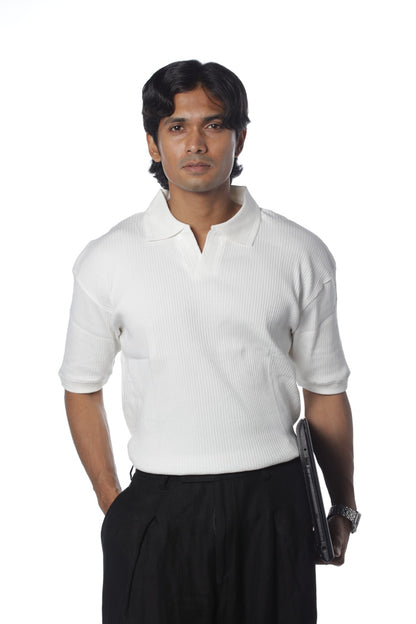 White – V-neck Textured Polo Shirt