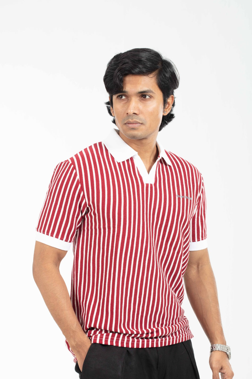 Red & White – V-neck Stripe Polo Shirt