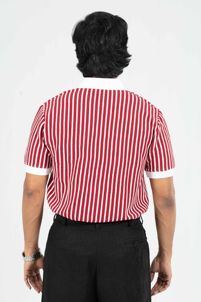 Red & White – V-neck Stripe Polo Shirt