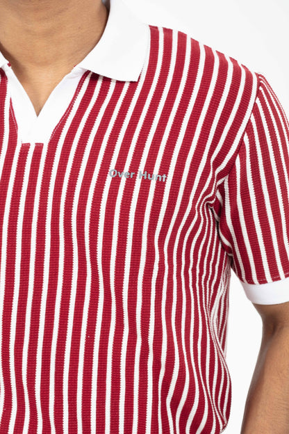 Red & White – V-neck Stripe Polo Shirt