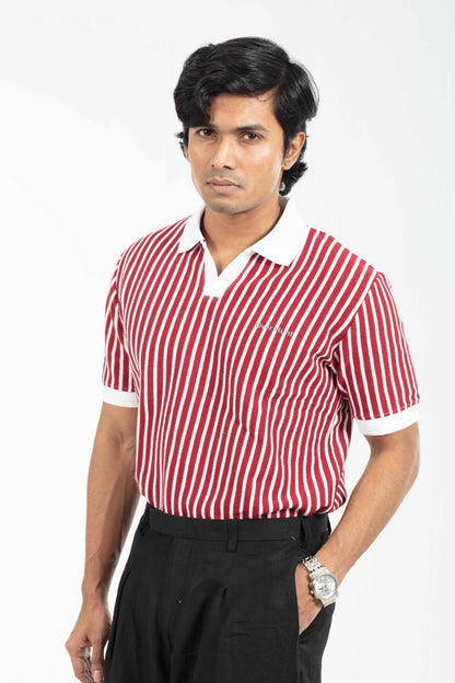 Red & White – V-neck Stripe Polo Shirt