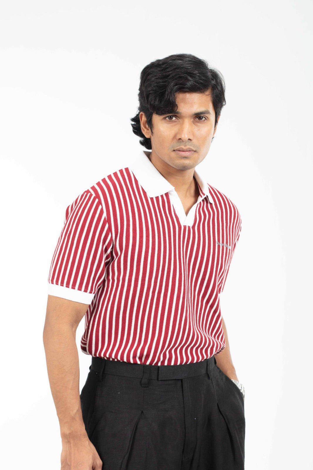 Red & White – V-neck Stripe Polo Shirt
