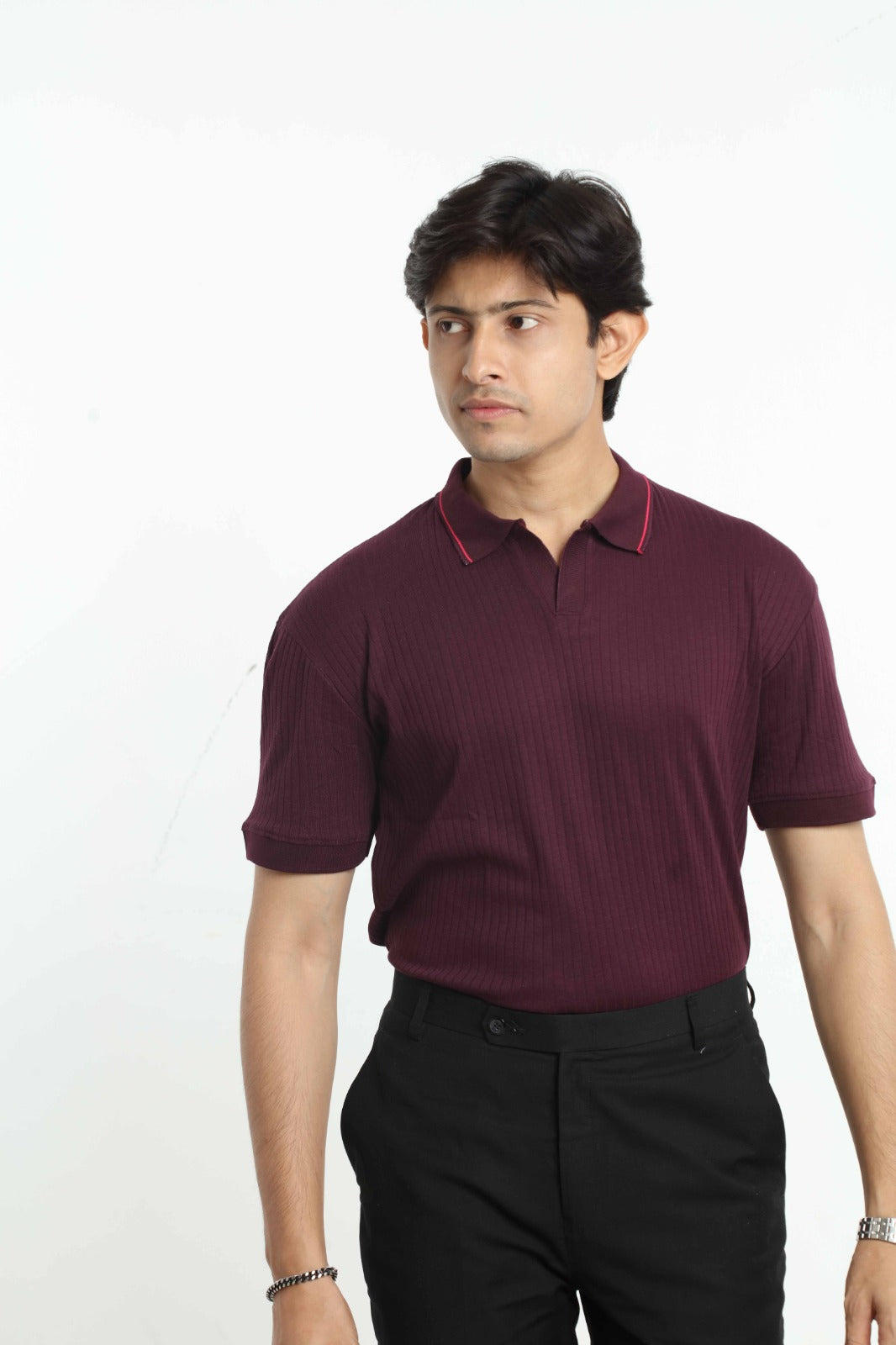 Relax Maroon – V-neck Stripe Polo Shirt
