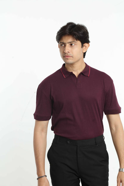 Relax Maroon – V-neck Stripe Polo Shirt