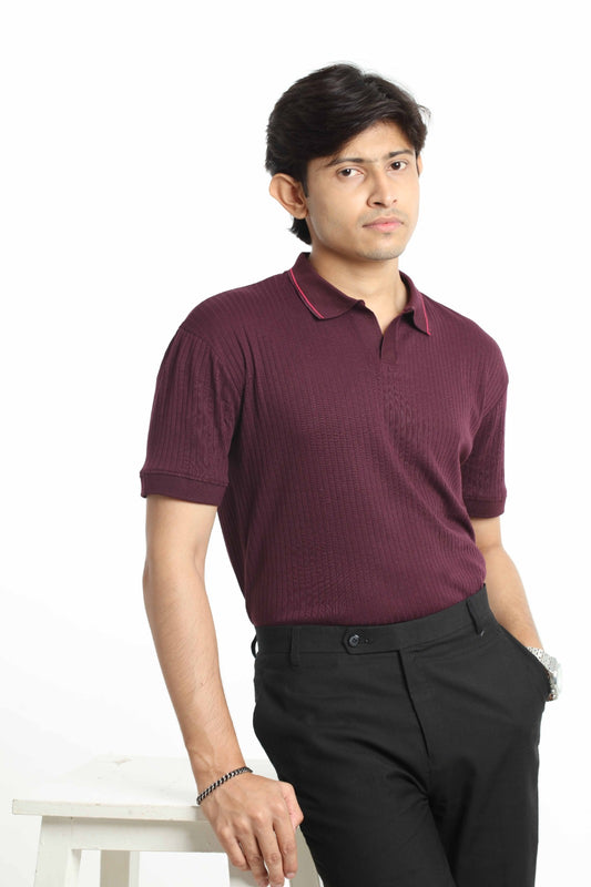 Relax Maroon – V-neck Stripe Polo Shirt