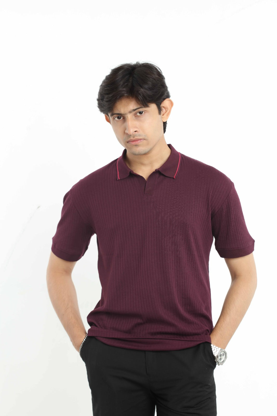 Relax Maroon – V-neck Stripe Polo Shirt