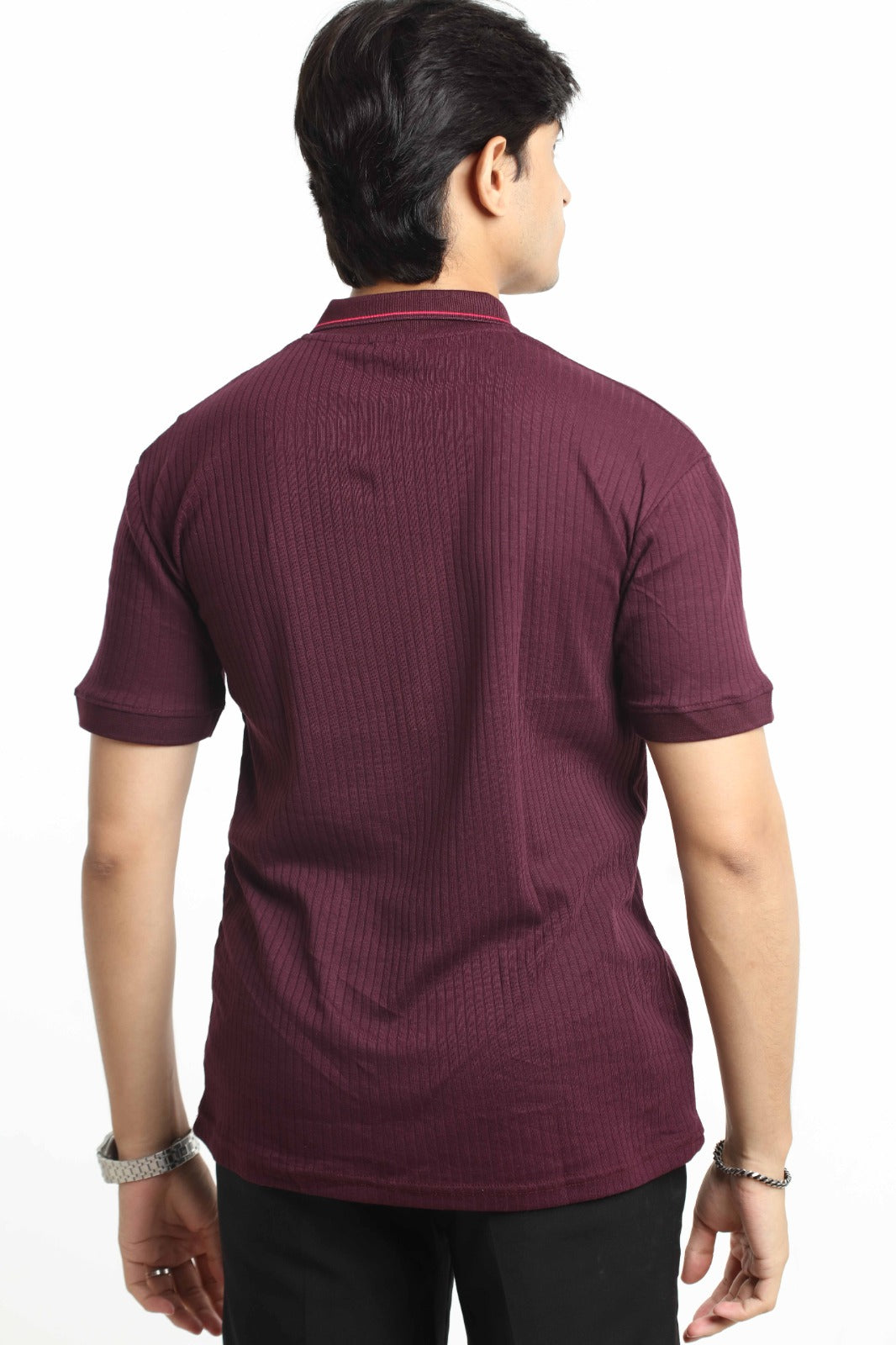 Relax Maroon – V-neck Stripe Polo Shirt