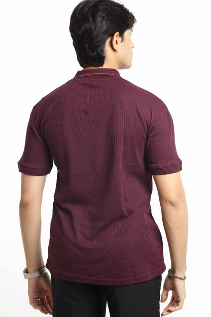Relax Maroon – V-neck Stripe Polo Shirt