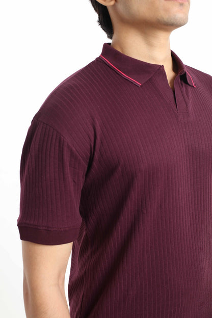 Relax Maroon – V-neck Stripe Polo Shirt