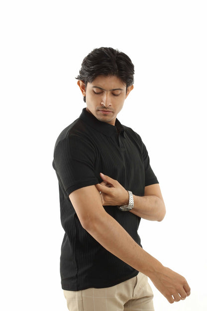 Black – V-neck Textured Polo Shirt
