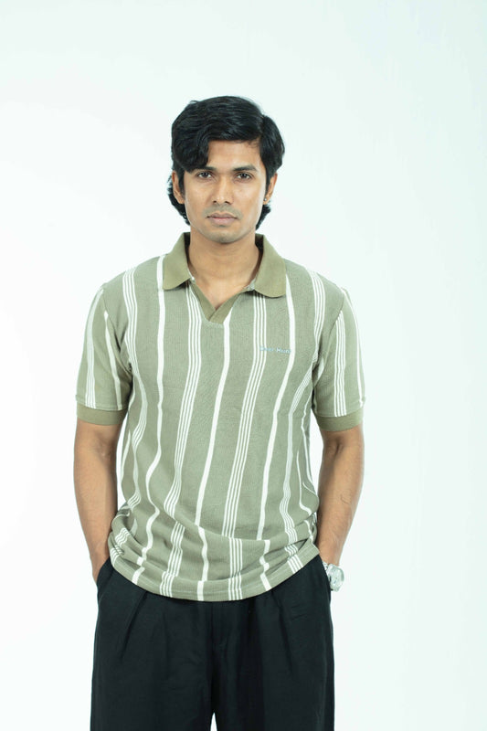 Contrast Olive Stripe – V-neck Polo Shirt