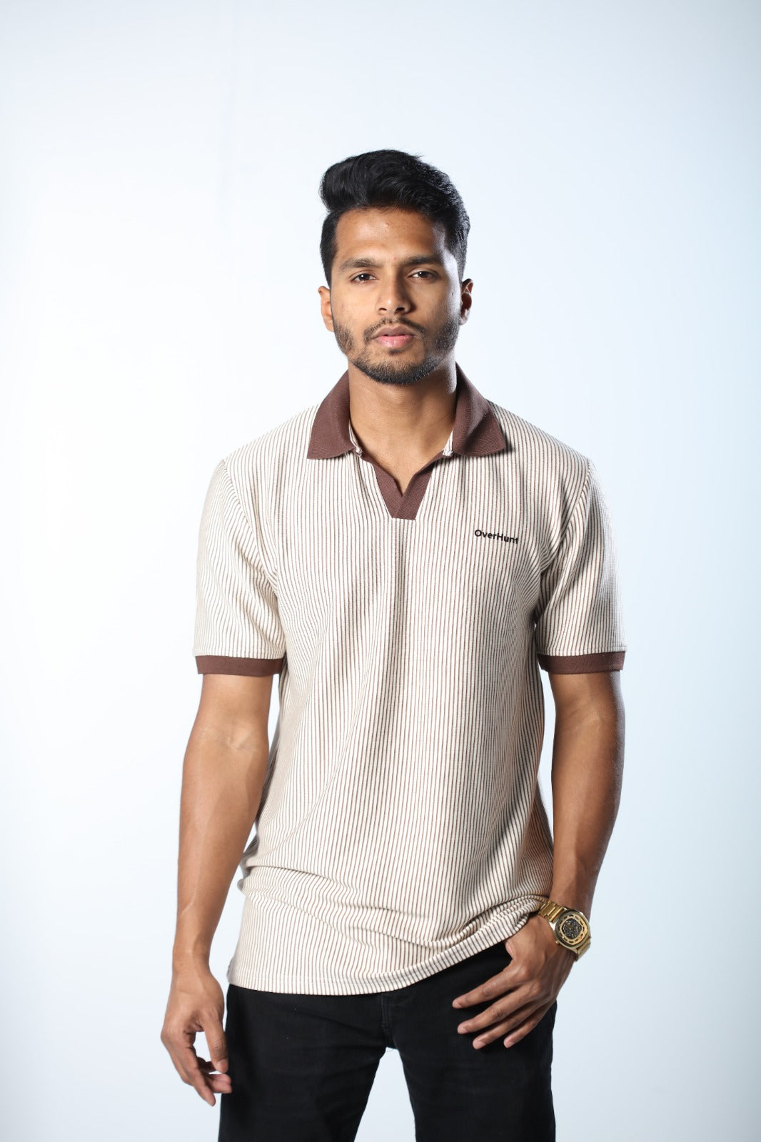 Contrast Coffee Stripe – V-neck Polo Shirt