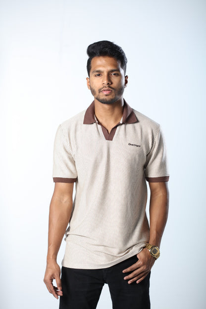Contrast Coffee Stripe – V-neck Polo Shirt