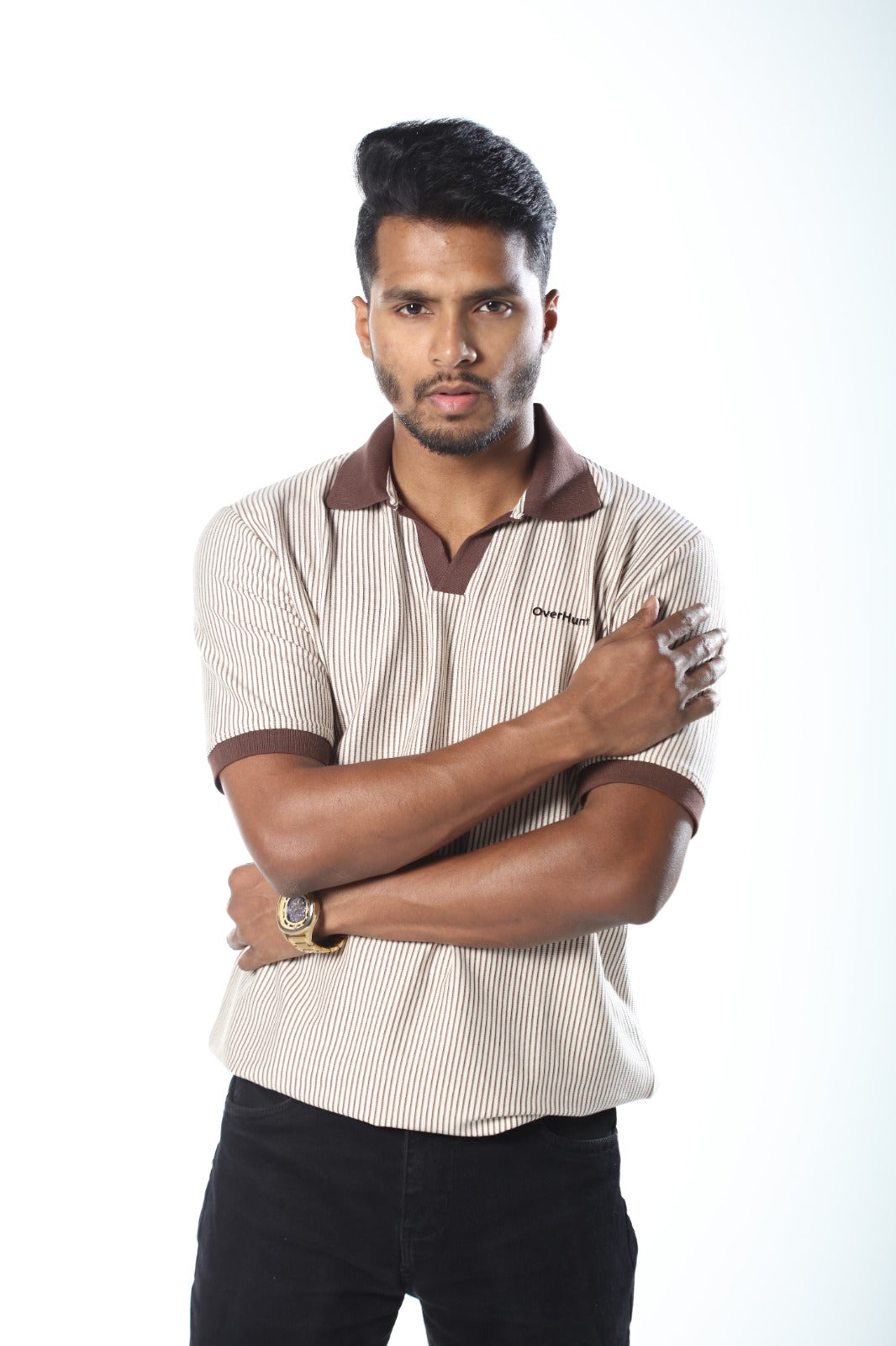 Contrast Coffee Stripe – V-neck Polo Shirt