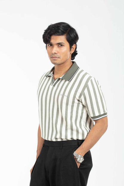 Olive & White – V-neck Stripe Polo Shirt