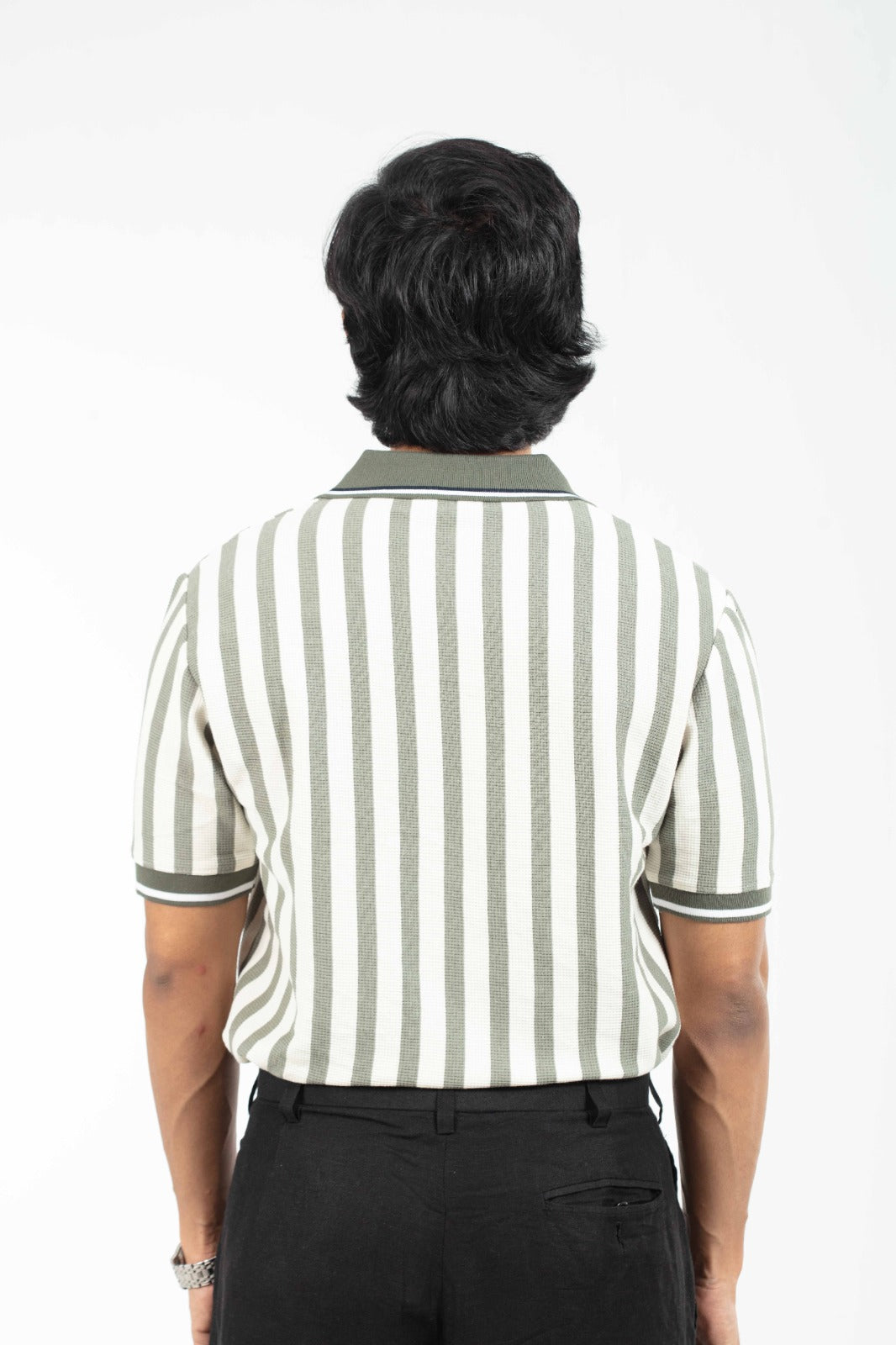 Olive & White – V-neck Stripe Polo Shirt