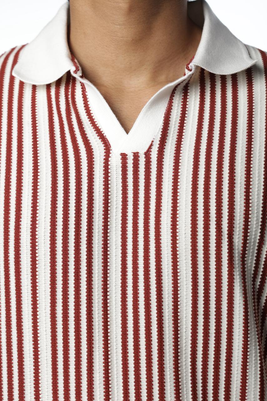 Knitted Polo - Maroon & White Stripe
