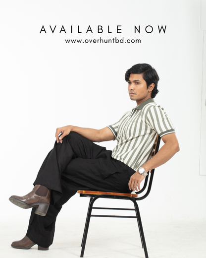 Olive & White – V-neck Stripe Polo Shirt